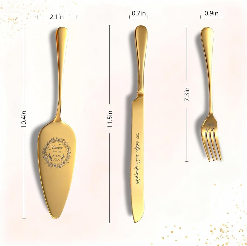kingump 4 Piece Wedding Cake Cutting Set, Knife and Server with Forks, Elegant Wedding Cake Knife and Server Set for Bride and Groom(Gold) - Image 3